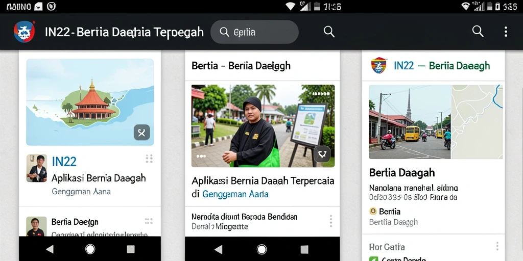 Screenshot antarmuka IN22 menampilkan berita lokal terkini dengan navigasi yang sederhana.